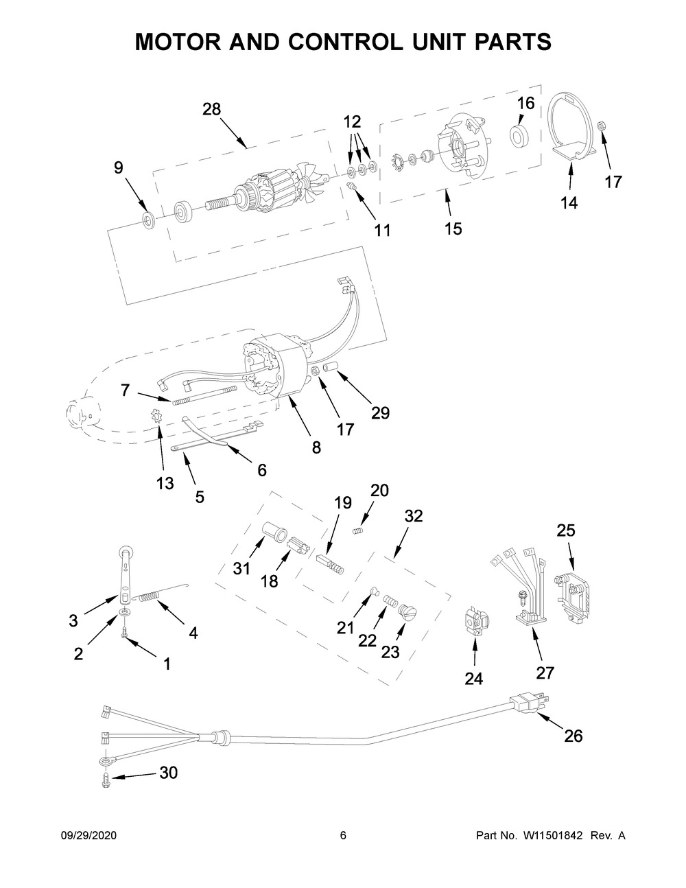 Motor And Control Unit Parts Diagram and Parts List for 5K45SSPWH0  Whirlpool Mixer