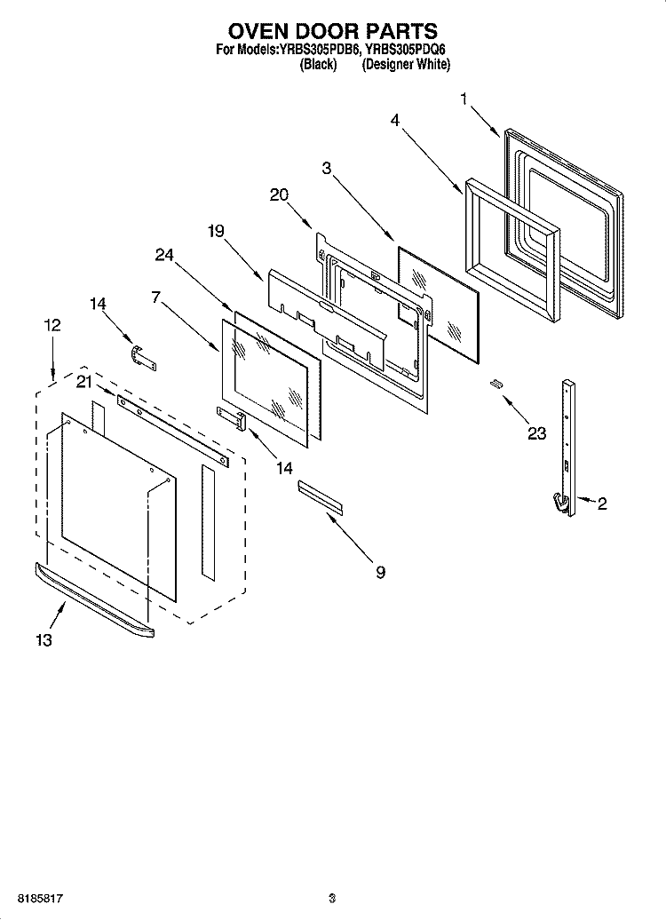 OVEN DOOR PARTS Diagram and Parts List for YRBS305PDQ6  Whirlpool Wall Oven
