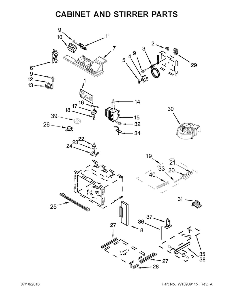 Cabinet And Stirrer Parts Diagram and Parts List for KOCE507EBS01  KitchenAid Microwave