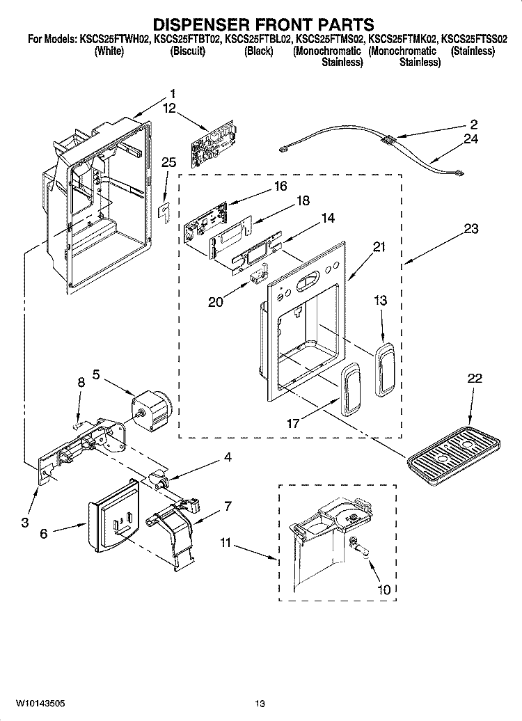 DISPENSER FRONT PARTS Diagram and Parts List for KSCS25FTSS02  KitchenAid Refrigerator