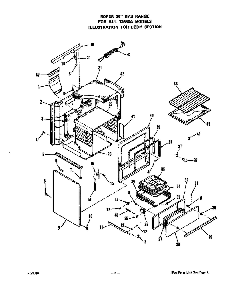 Body Diagram and Parts List for 1265*0A  Roper Range