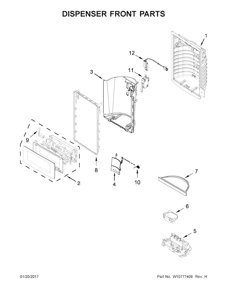 Dispenser Front Parts Diagram and Parts List for KRMF706EBS00  KitchenAid Refrigerator