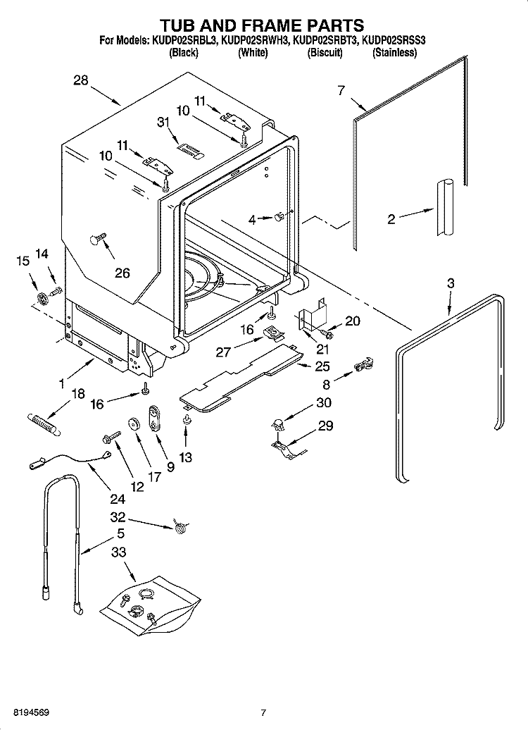TUB AND FRAME PARTS Diagram and Parts List for KUDP02SRBL3  KitchenAid Dishwasher