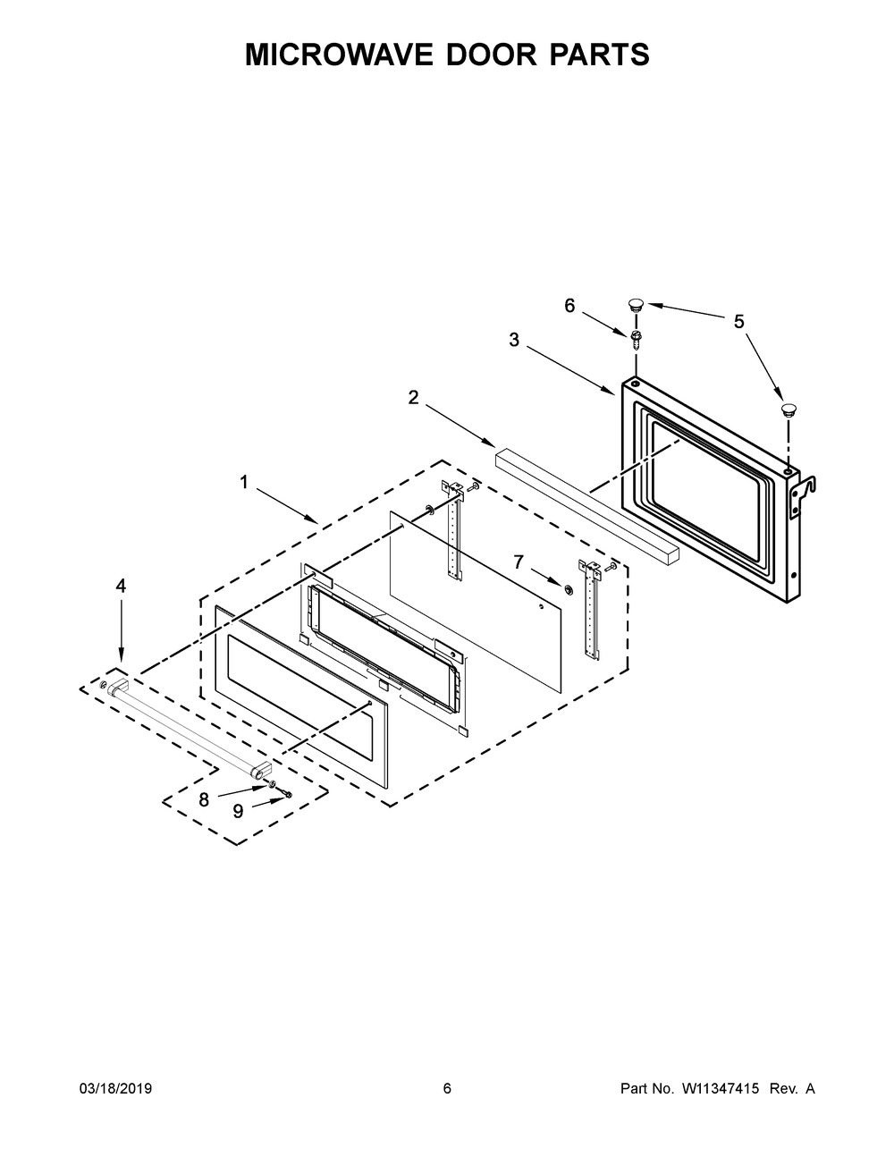 Microwave Door Parts Diagram and Parts List for KOCE507EBL08  Whirlpool Microwave Oven Combo