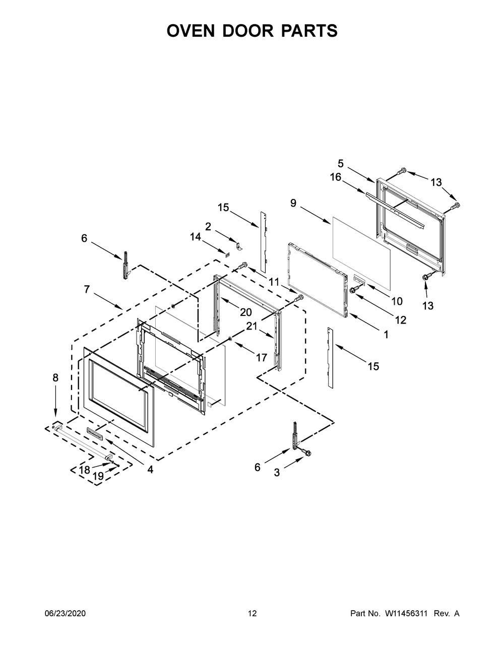 Oven Door Parts Diagram and Parts List for KOCE507EWH11  Whirlpool Microwave Oven Combo