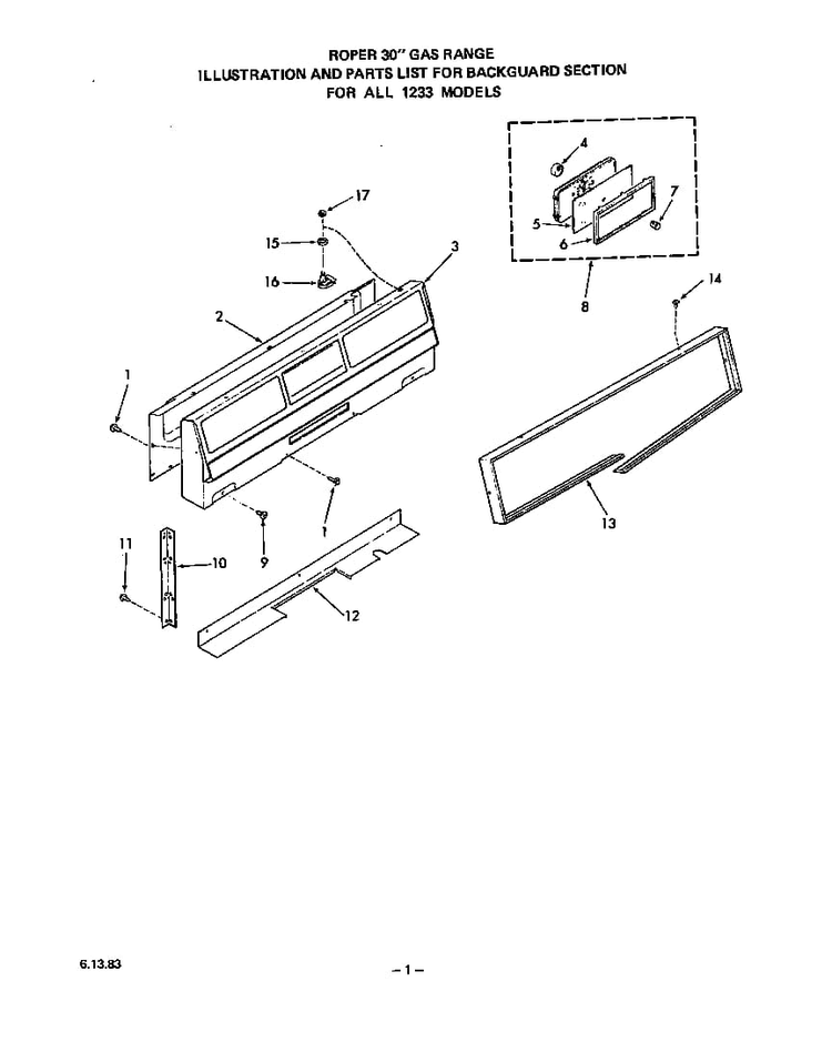 Backguard Diagram and Parts List for 1233*2A  Roper Range
