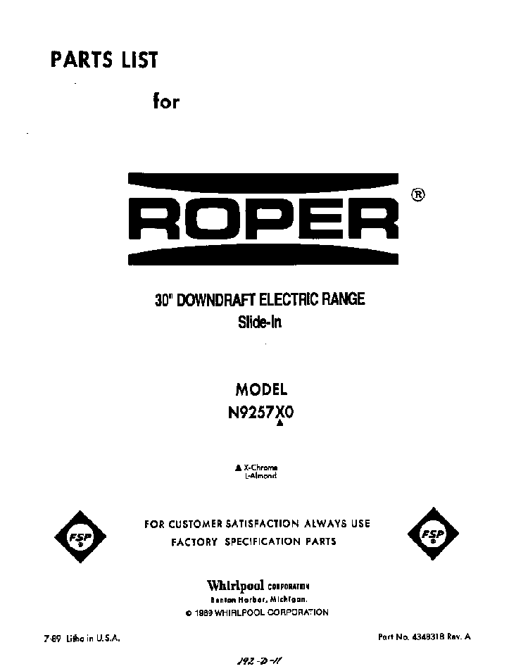 Front Cover Diagram and Parts List for N9257*0  Roper Range