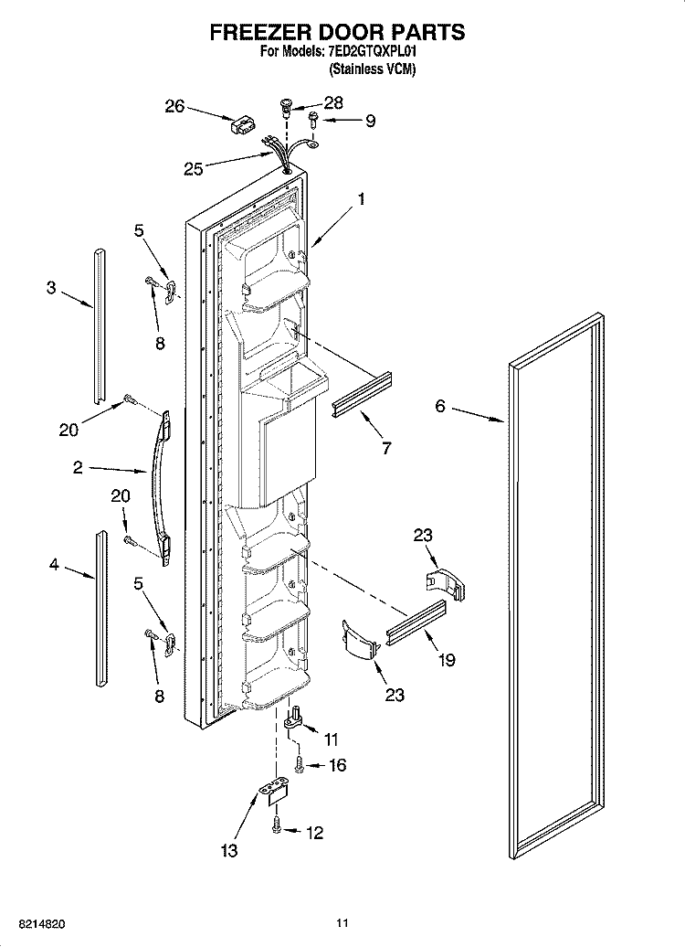FREEZER DOOR PARTS Diagram and Parts List for 7ED2GTQXPL01  Whirlpool Refrigerator