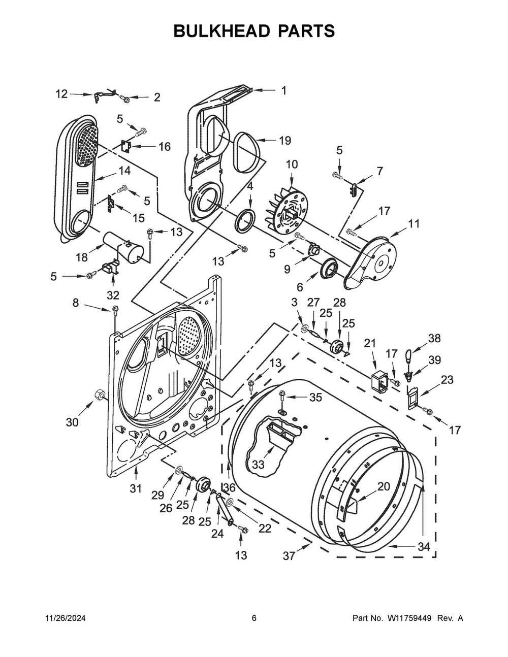 04 - Bulkhead Parts Diagram and Parts List for CDGW7110RW0  Whirlpool Dryer
