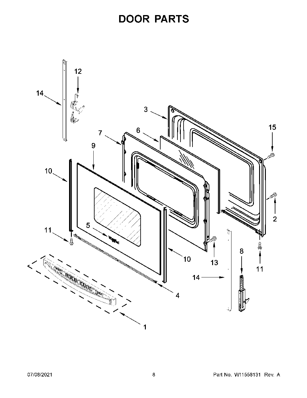 05 - Door Parts Diagram and Parts List for YWFE505W0JW1  Whirlpool Range