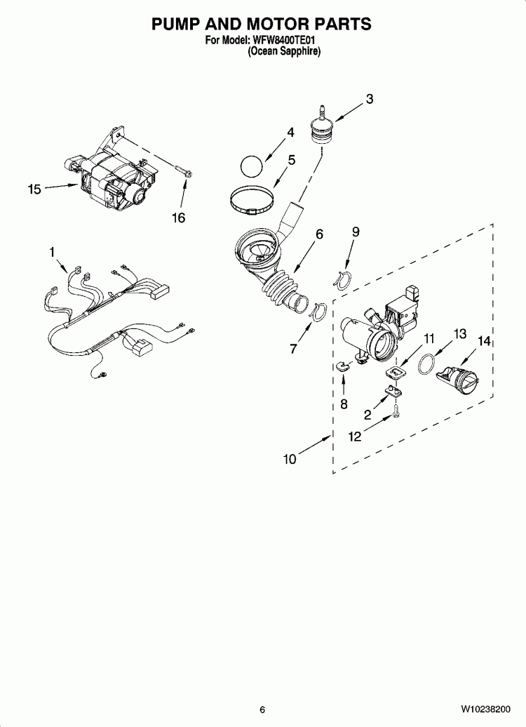 PUMP AND MOTOR PARTS Diagram and Parts List for WFW8400TE01  Whirlpool Washer