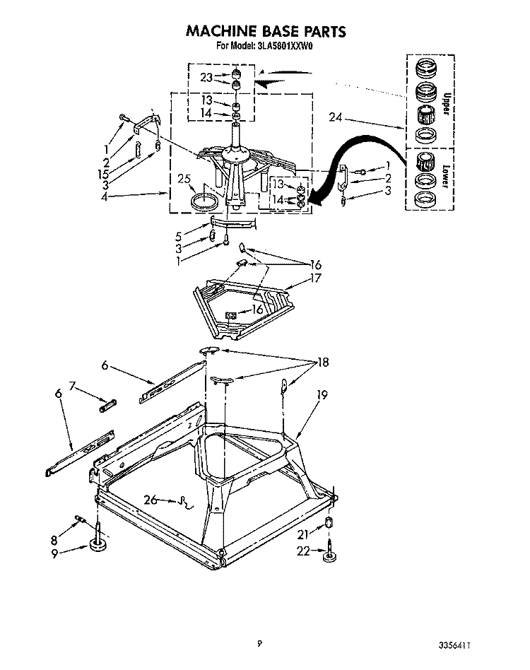 MACHINE BASE Diagram and Parts List for 3LA5801XXW0  Whirlpool Washer