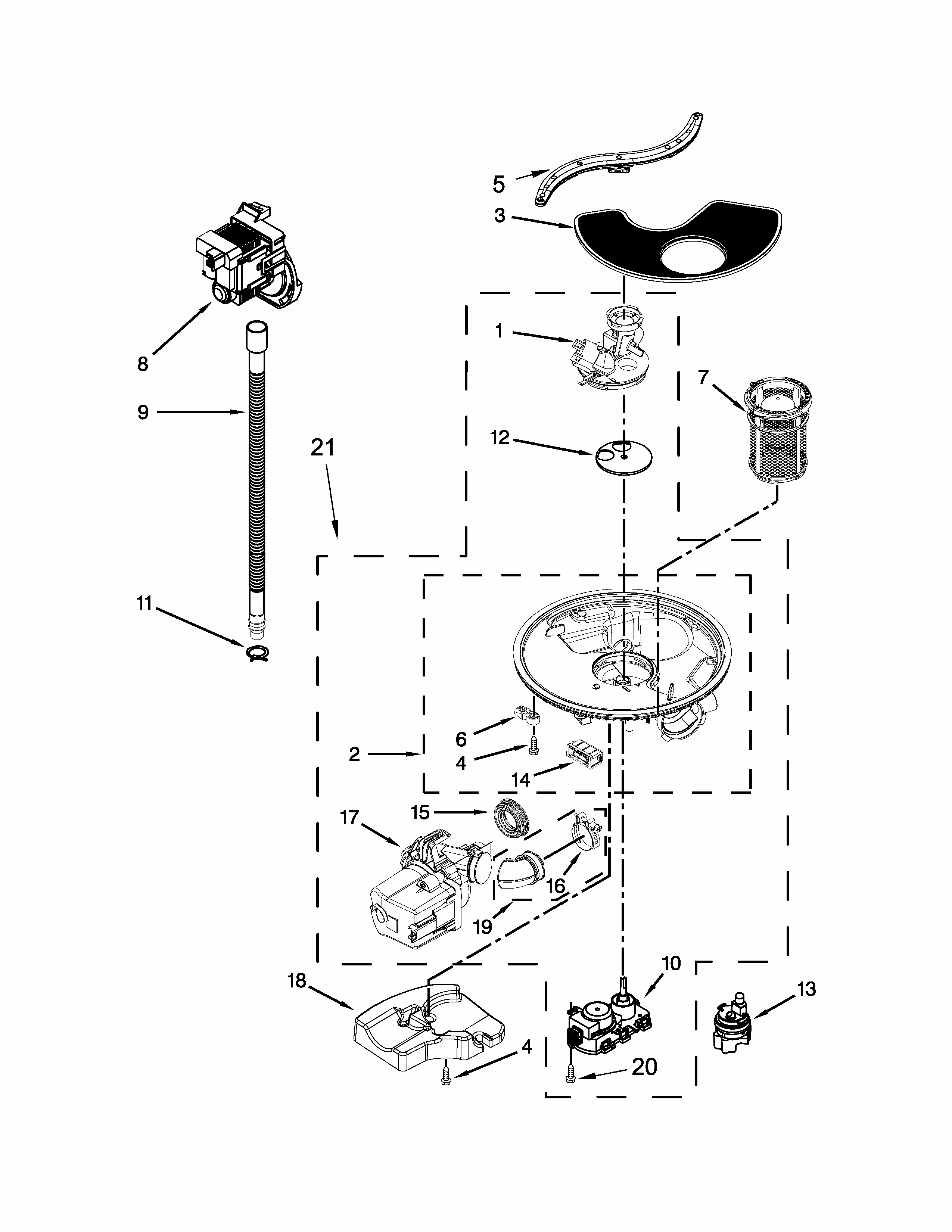 Pump, Washarm And Motor Parts Diagram and Parts List for 66513403N412  Kenmore Dishwasher