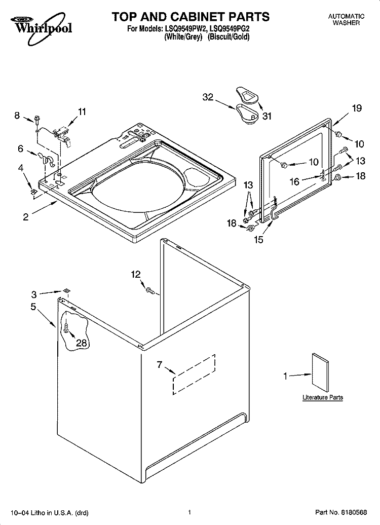 TOP AND CABINET PARTS Diagram and Parts List for LSQ9549PW2  Whirlpool Washer