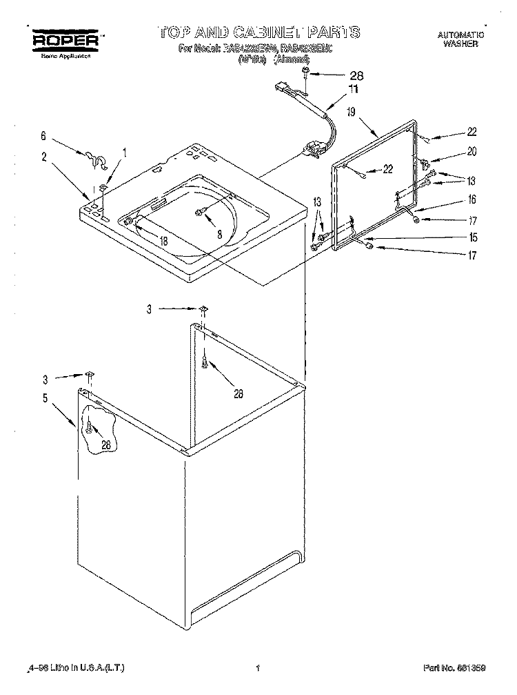 TOP AND CABINET, LIT/OPTIONAL Diagram and Parts List for RAB4232EW0  Roper Washer
