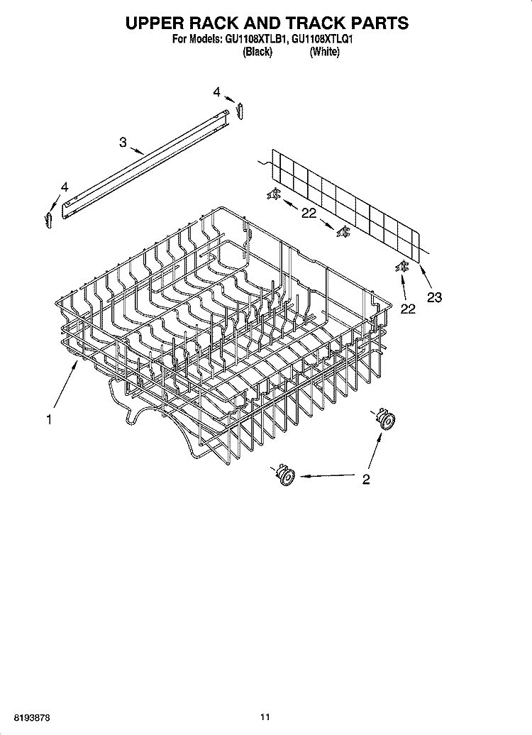 UPPER RACK AND TRACK PARTS Diagram and Parts List for GU1108XTLB1  Whirlpool Dishwasher