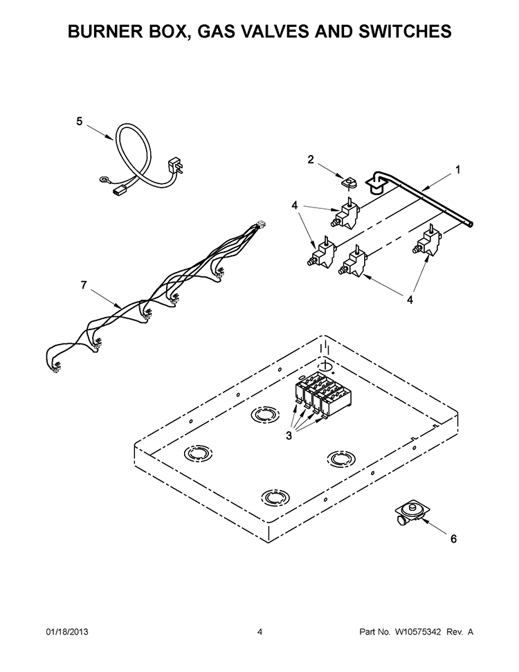BURNER BOX, GAS VALVES AND SWITCHES Diagram and Parts List for GLS3064RS02  Whirlpool Cooktop