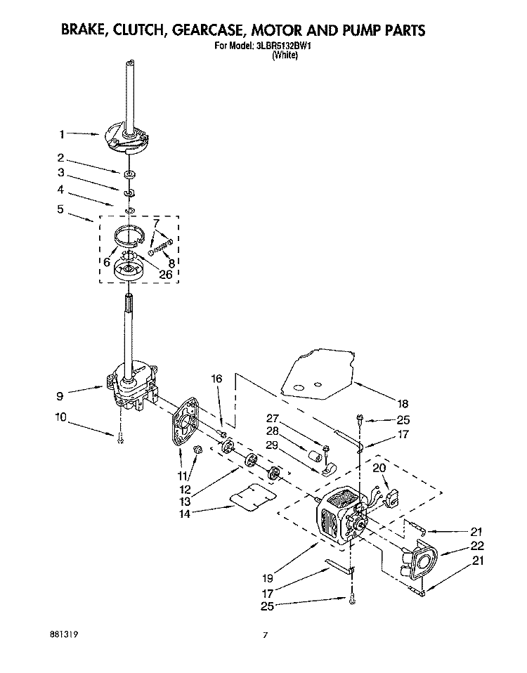 BRAKE, CLUTCH, GEARCASE, MOTOR & PUMP Diagram and Parts List for 3LBR5132BW1  Whirlpool Washer