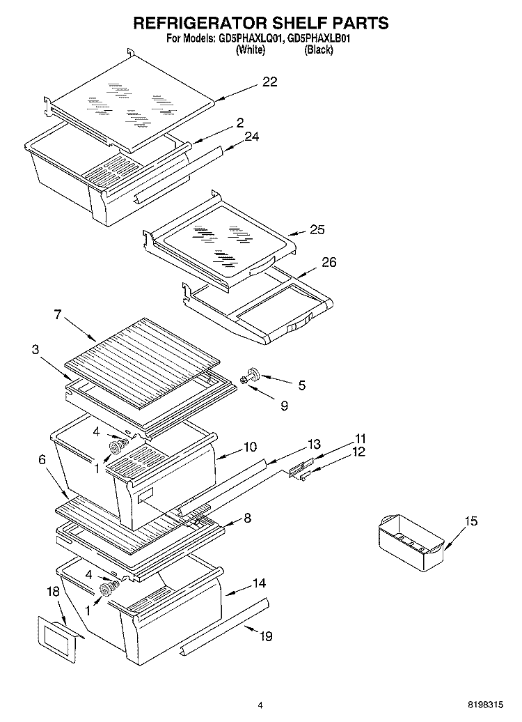 REFRIGERATOR SHELF PARTS Diagram and Parts List for GD5PHAXLQ01  Whirlpool Refrigerator