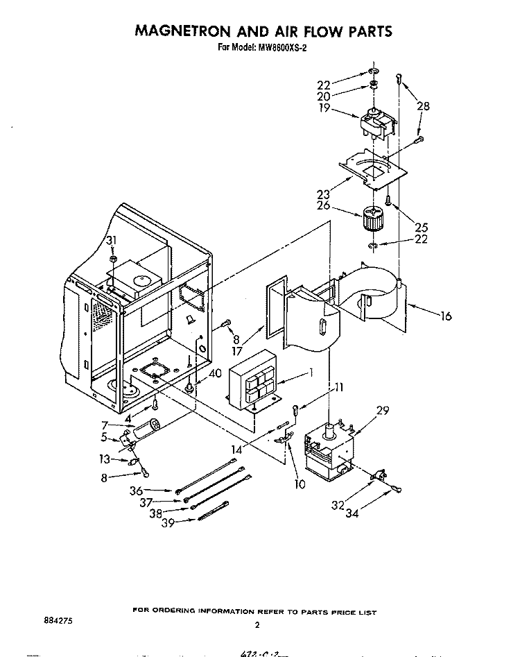 MAGNETRON AND AIRFLOW Diagram and Parts List for MW8600XS2  Whirlpool Microwave