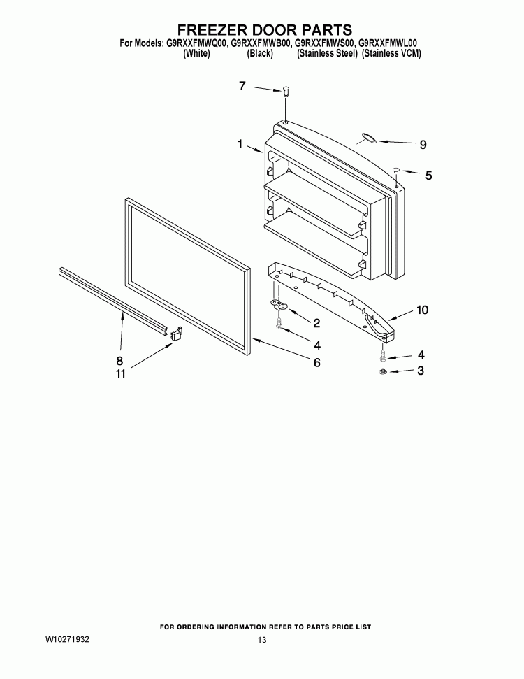 FREEZER DOOR PARTS Diagram and Parts List for G9RXXFMWQ00  Whirlpool Refrigerator