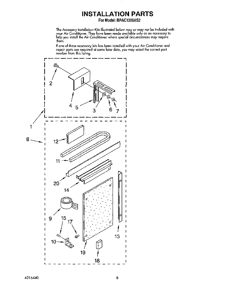 INSTALLATION Diagram and Parts List for BPAC1200AS2  Whirlpool Air Conditioner