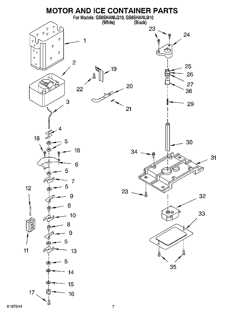 MOTOR AND ICE CONTAINER Diagram and Parts List for GS6SHANLB10  Whirlpool Refrigerator