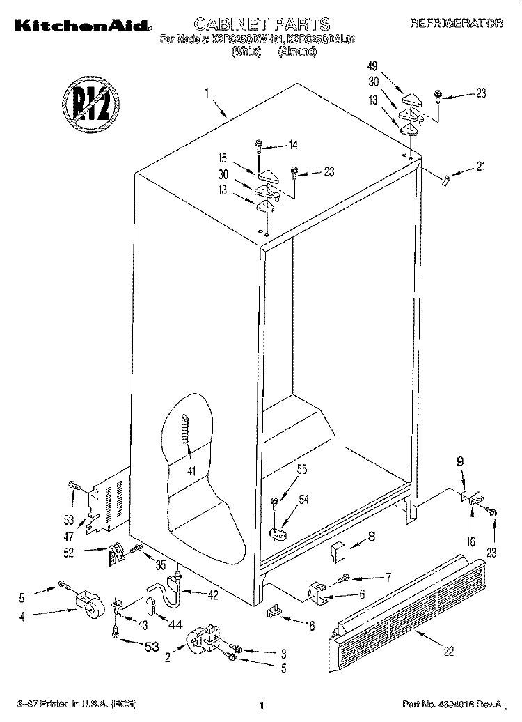 CABINET Diagram and Parts List for KSRS25QDAL01  KitchenAid Refrigerator