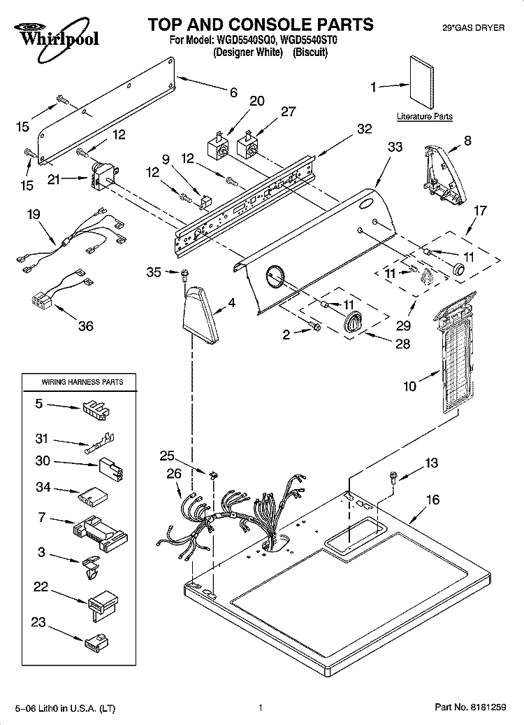 TOP AND CONSOLE PARTS Diagram and Parts List for WGD5540ST0  Whirlpool Dryer