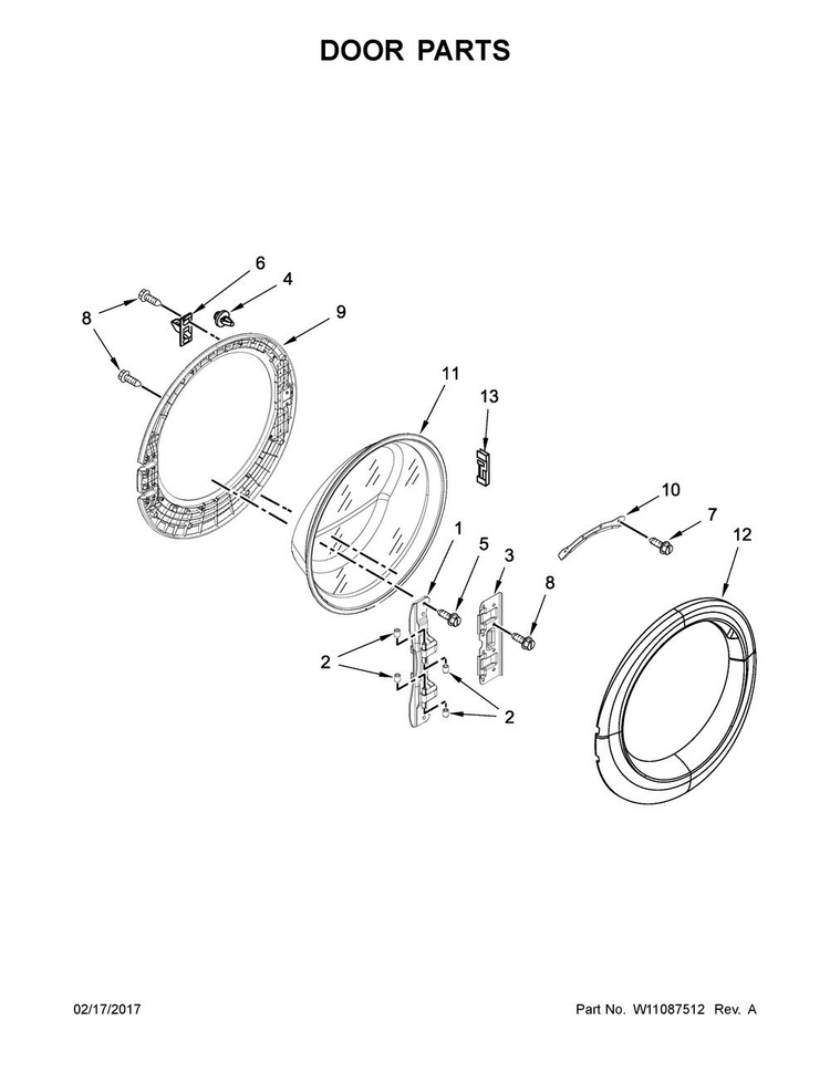 Door Parts Diagram and Parts List for WFW7540FW0  Whirlpool Washer