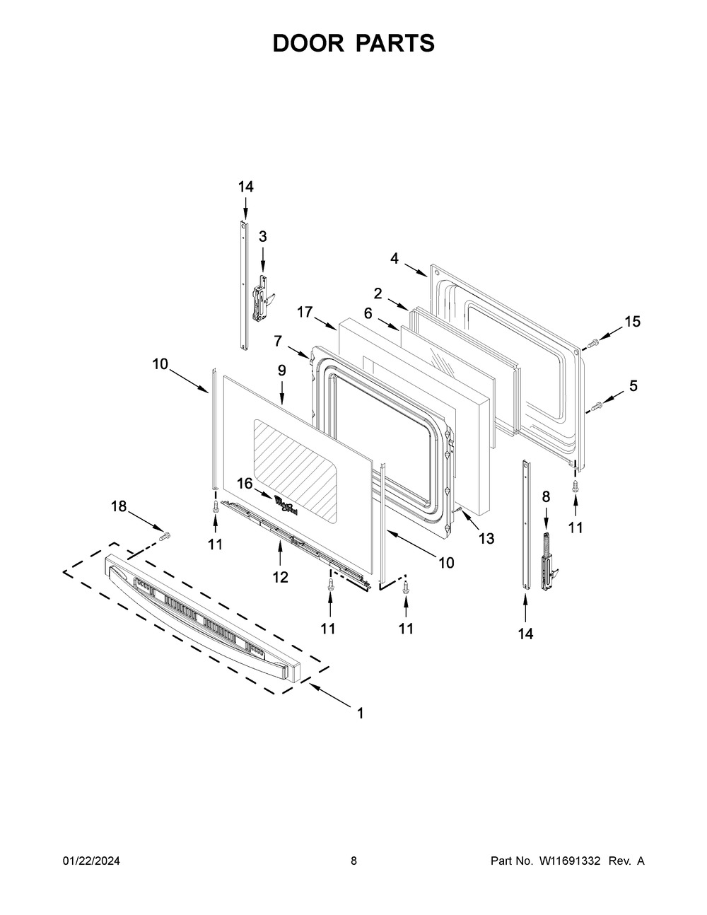 Door Parts Diagram and Parts List for WFE550S0LB3  Whirlpool Range
