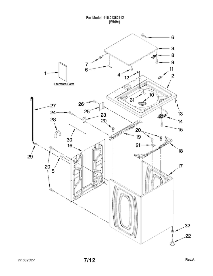 Top And Cabinet Parts Diagram and Parts List for 11021352112  Kenmore Washer