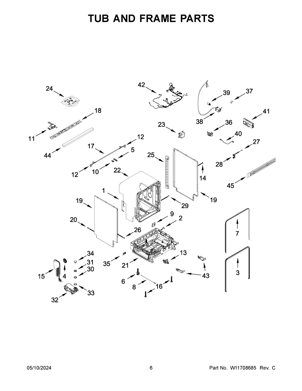 Tub And Frame Parts Diagram and Parts List for KDTF324PPA0  KitchenAid Dishwasher