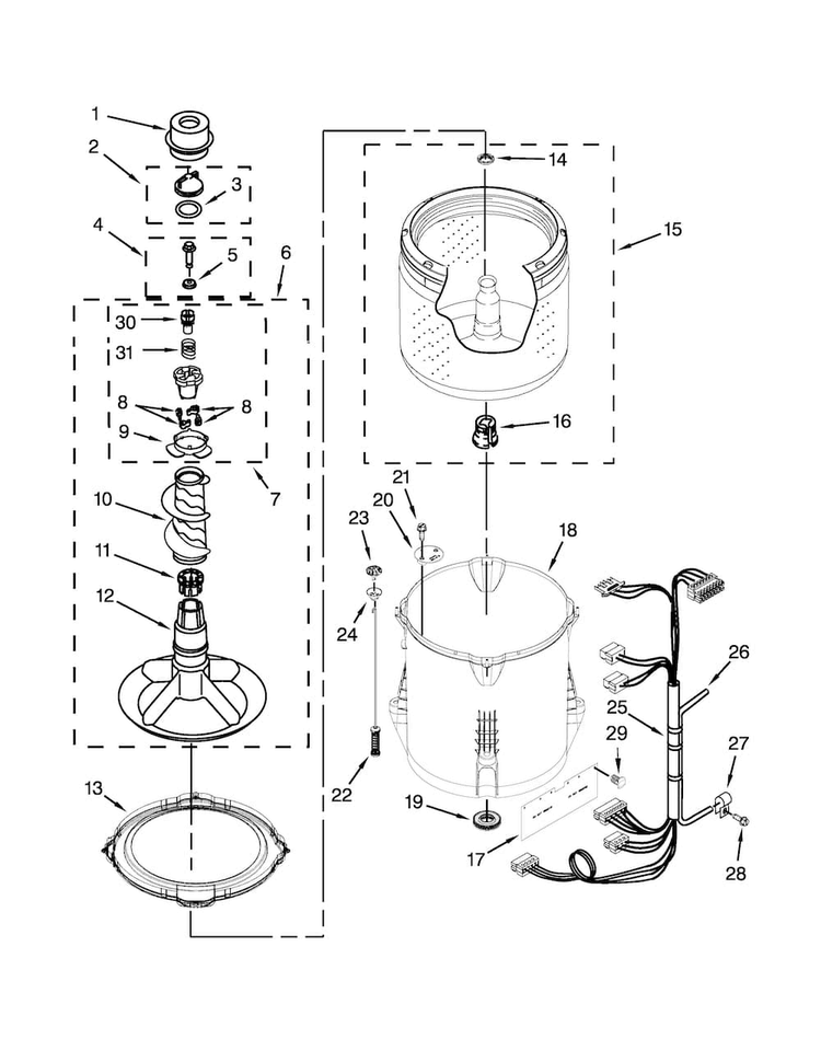 Basket And Tub Parts Diagram and Parts List for 1CWTW4840YW1  Whirlpool Washer