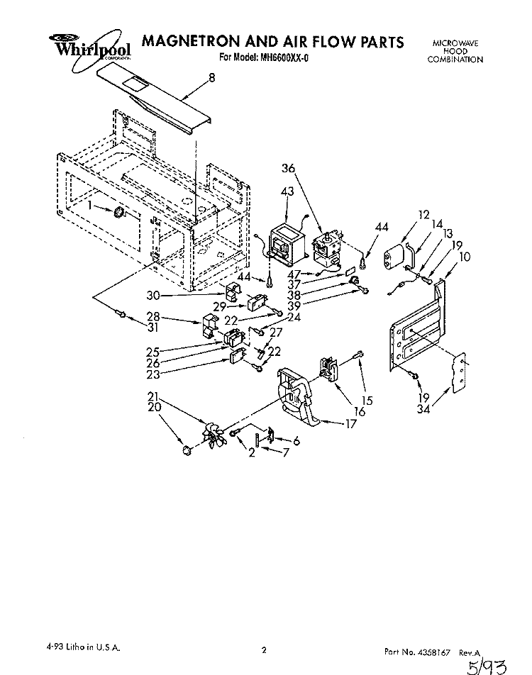 MAGNETRON AND AIR FLOW Diagram and Parts List for MH6600XX0  Whirlpool Microwave