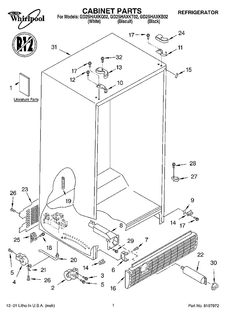 CABINET, LITERATURE Diagram and Parts List for GD2SHAXKT02  Whirlpool Refrigerator