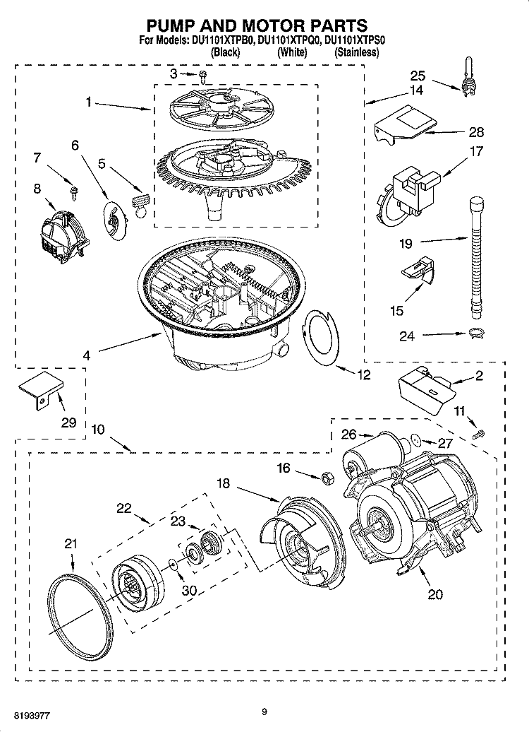 PUMP AND MOTOR PARTS Diagram and Parts List for DU1101XTPB0  Whirlpool Dishwasher