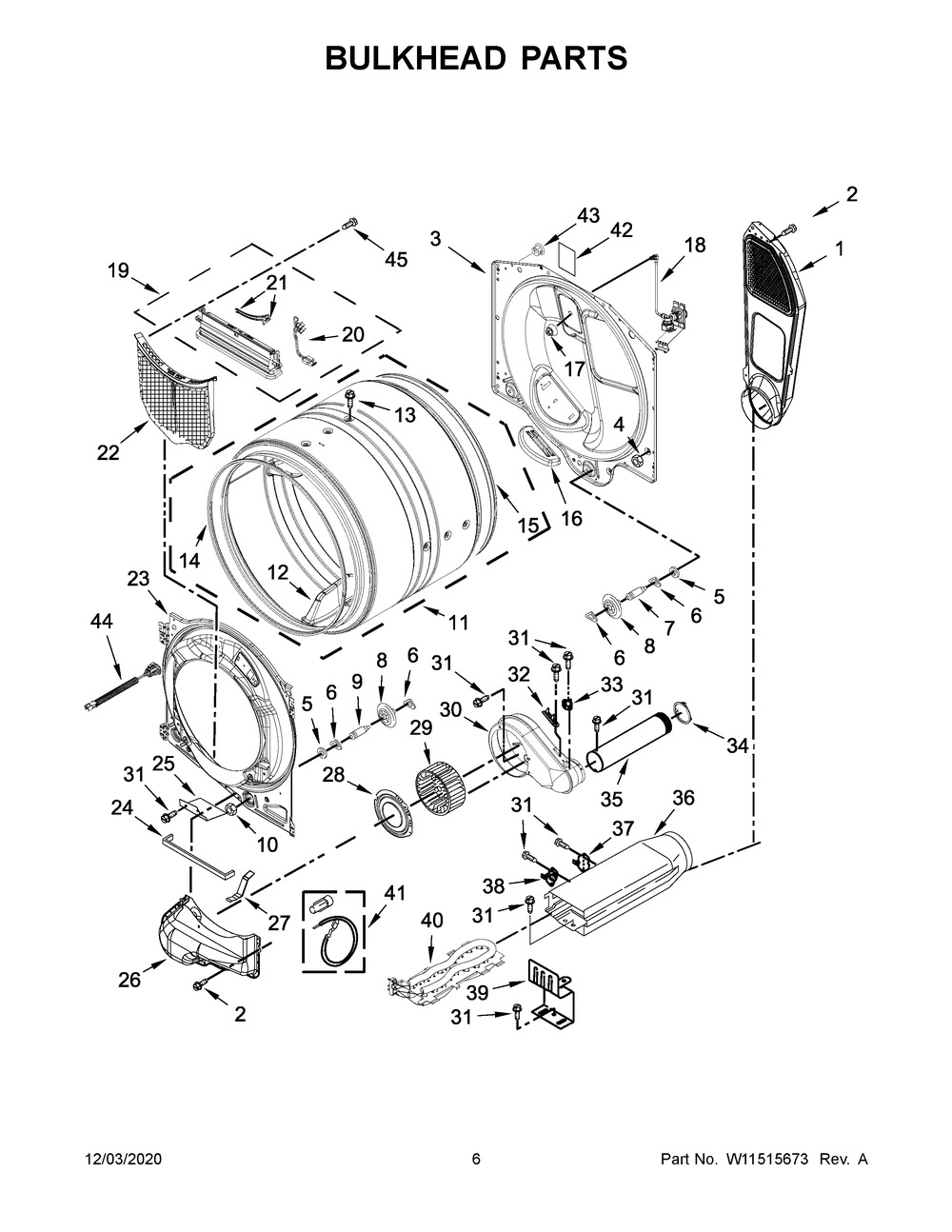Bulkhead Parts Diagram and Parts List for YMED8630HC2  Whirlpool Dryer