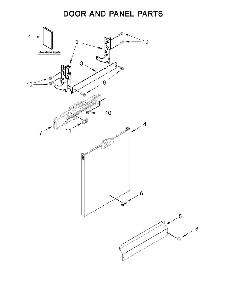 Door And Panel Parts Diagram and Parts List for WDF560SAFB0  Whirlpool Dishwasher