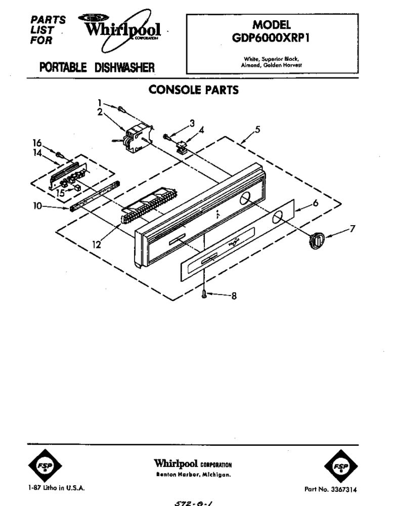 Console Diagram and Parts List for GDP6000XRP1  Whirlpool Dishwasher