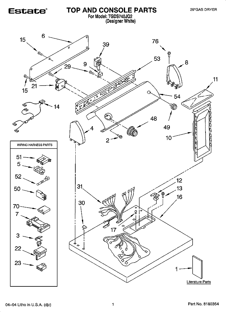 TOP AND CONSOLE PARTS Diagram and Parts List for TGDS740JQ2  Estate Dryer