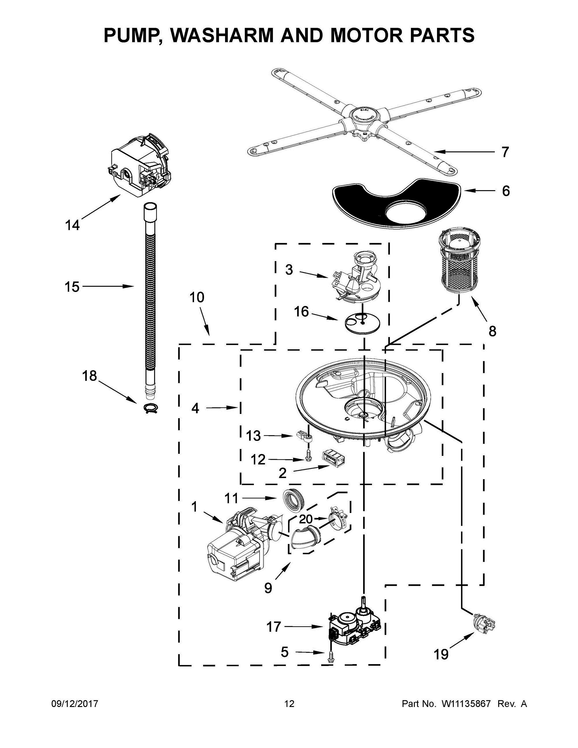 07 - PUMP, WASHARM AND MOTOR PARTS Diagram and Parts List for KDPE334GBS0  Whirlpool Dishwasher