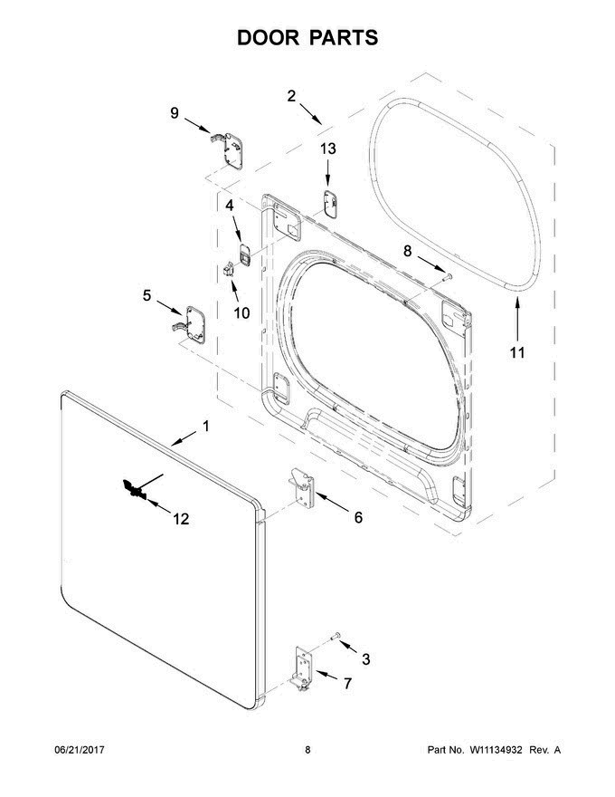 05 - Door Parts Diagram and Parts List for WED8500DC4  Whirlpool Dryer