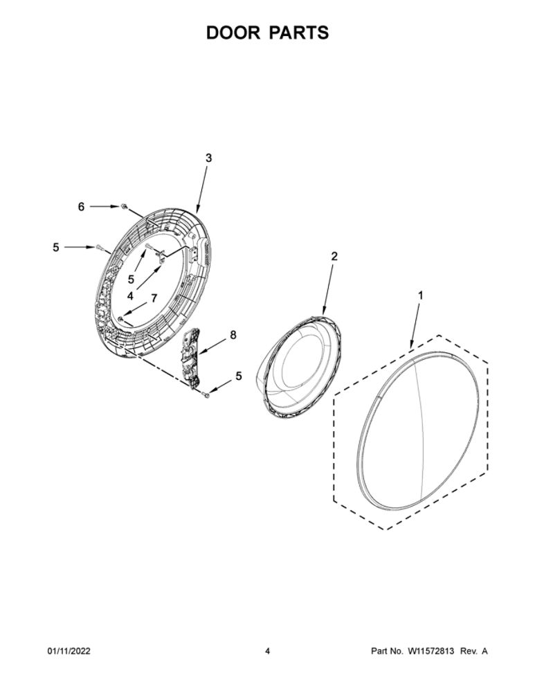 Door Parts Diagram and Parts List for 8TWFC6810LW0  Whirlpool Washer Dryer Combo