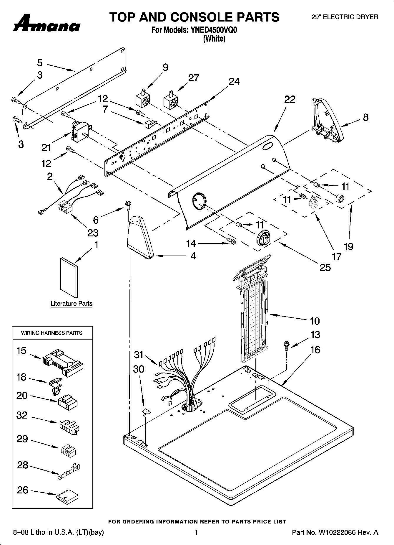 01 - TOP AND CONSOLE PARTS Diagram and Parts List for YNED4500VQ0  Whirlpool Dryer