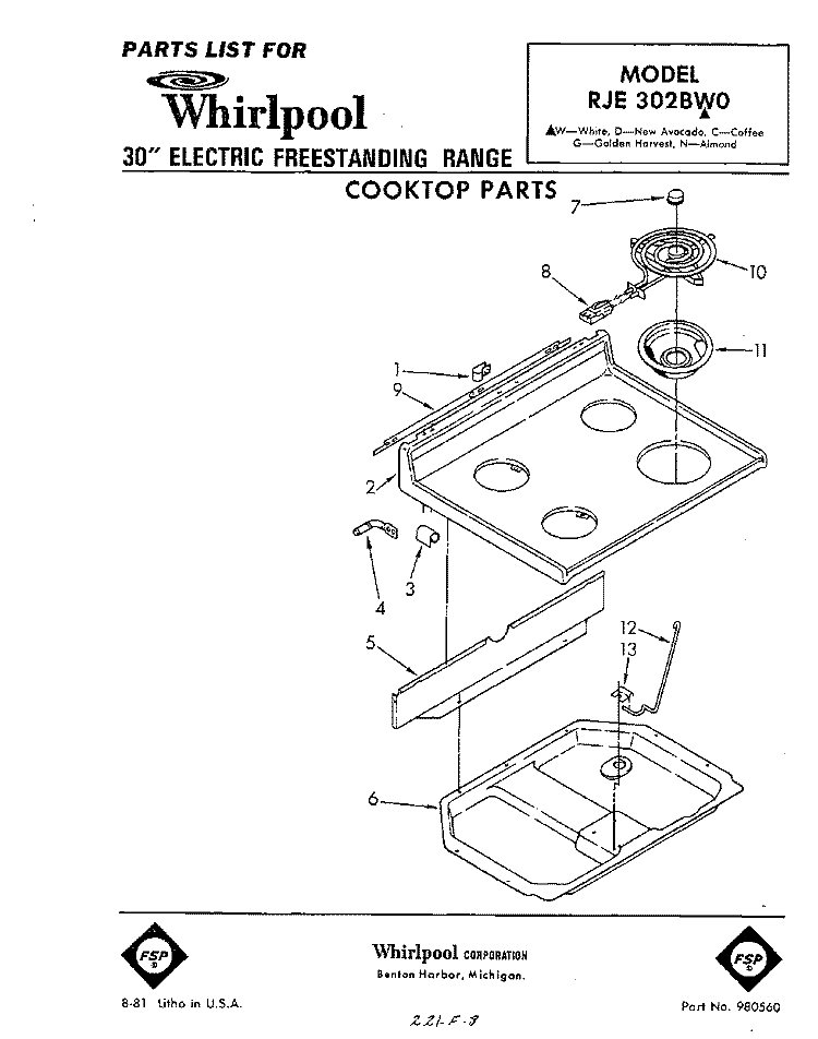COOKTOP Diagram and Parts List for RJE302BW0  Whirlpool Range