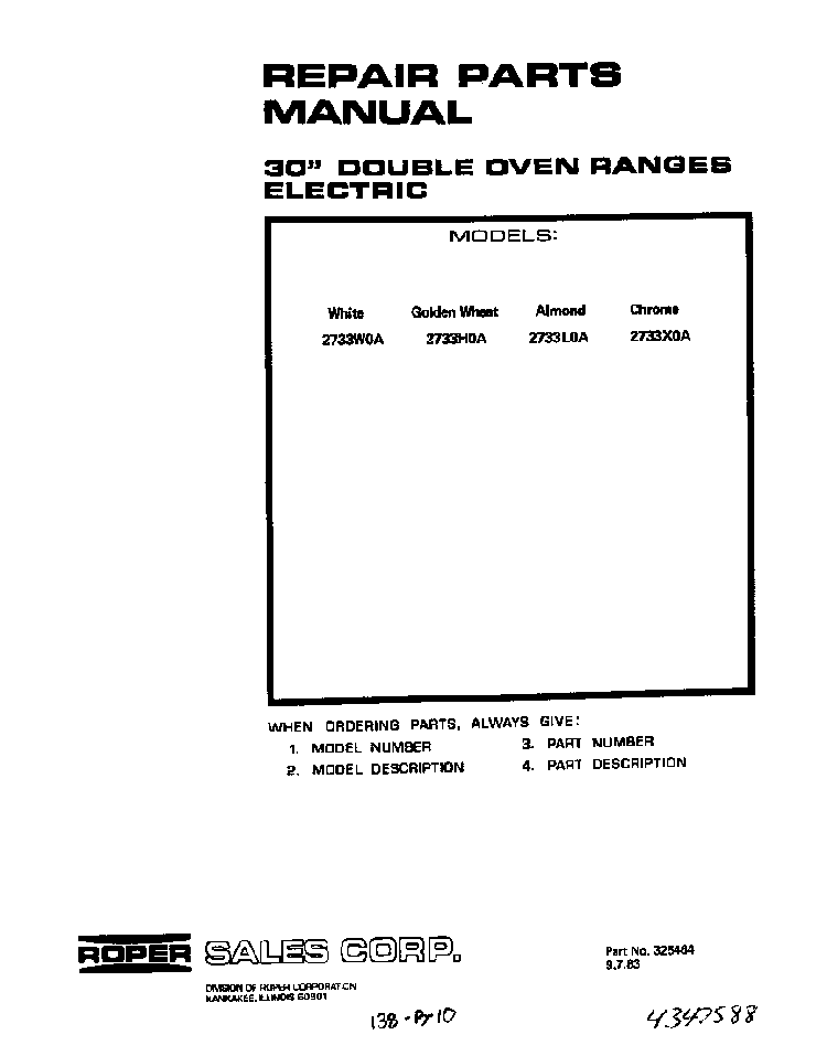 Cover Page Diagram and Parts List for 2733*0A  Roper Range