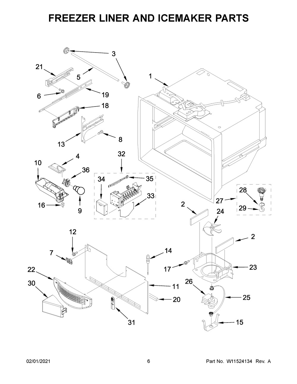 Freezer Liner And Icemaker Parts Diagram and Parts List for JFC2290REM03  Whirlpool Refrigerator