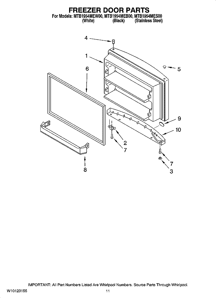 FREEZER DOOR PARTS, OPTIONAL PARTS Diagram and Parts List for MTB1954MEB00  Whirlpool Refrigerator