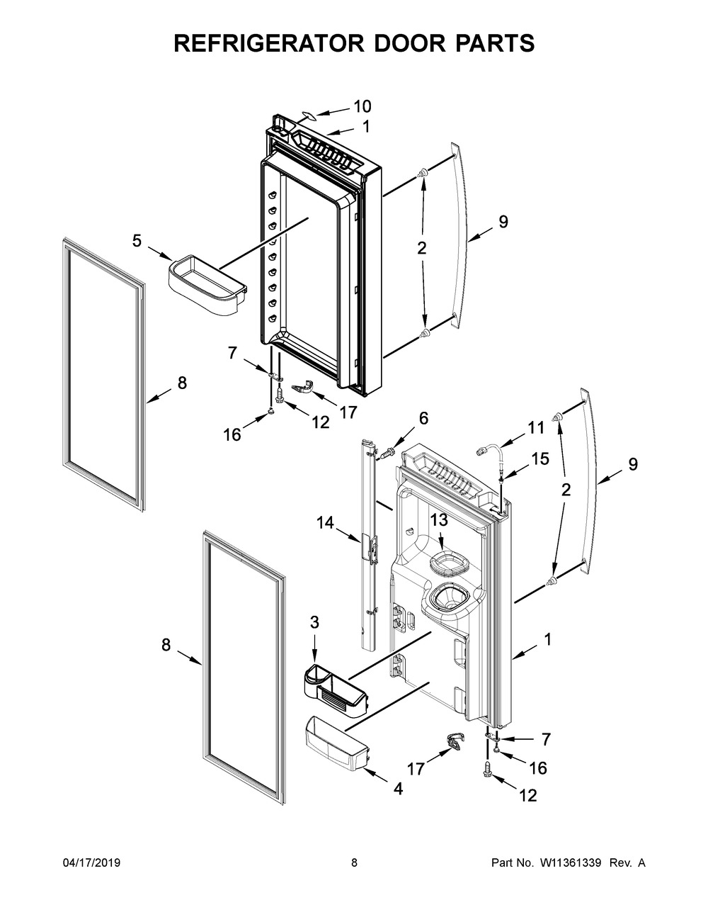 Refrigerator Door Parts Diagram and Parts List for WRF555SDHV02  Whirlpool Refrigerator